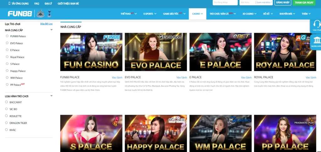 Fun88 hợp tác với nhiều nhà cung cấp game casino lớn